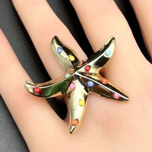 Yellow Gold with Multicolor Enamel Stone Starfish Statement Ring Size 8